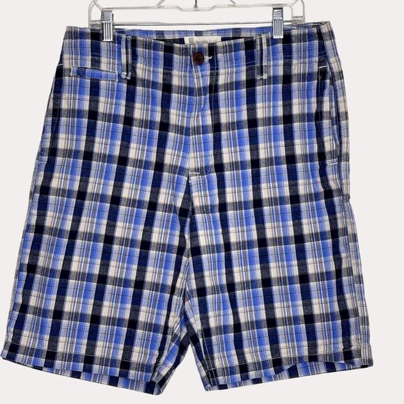 Gap Favorite Khaki Mens Flat Front Shorts Plaid Blue 34 bv - Picture 1 of 6